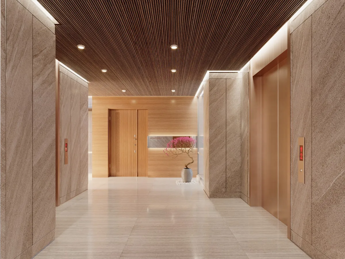 Elegant residential elevator lobby with wood accents